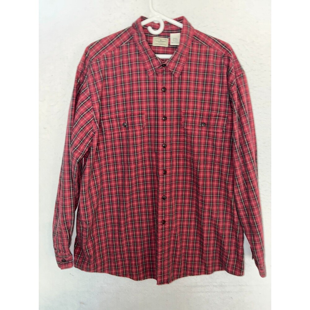 LL Bean Shirt Mens XL Red Plaid Button Up Long sleeve 100% cotton pockets